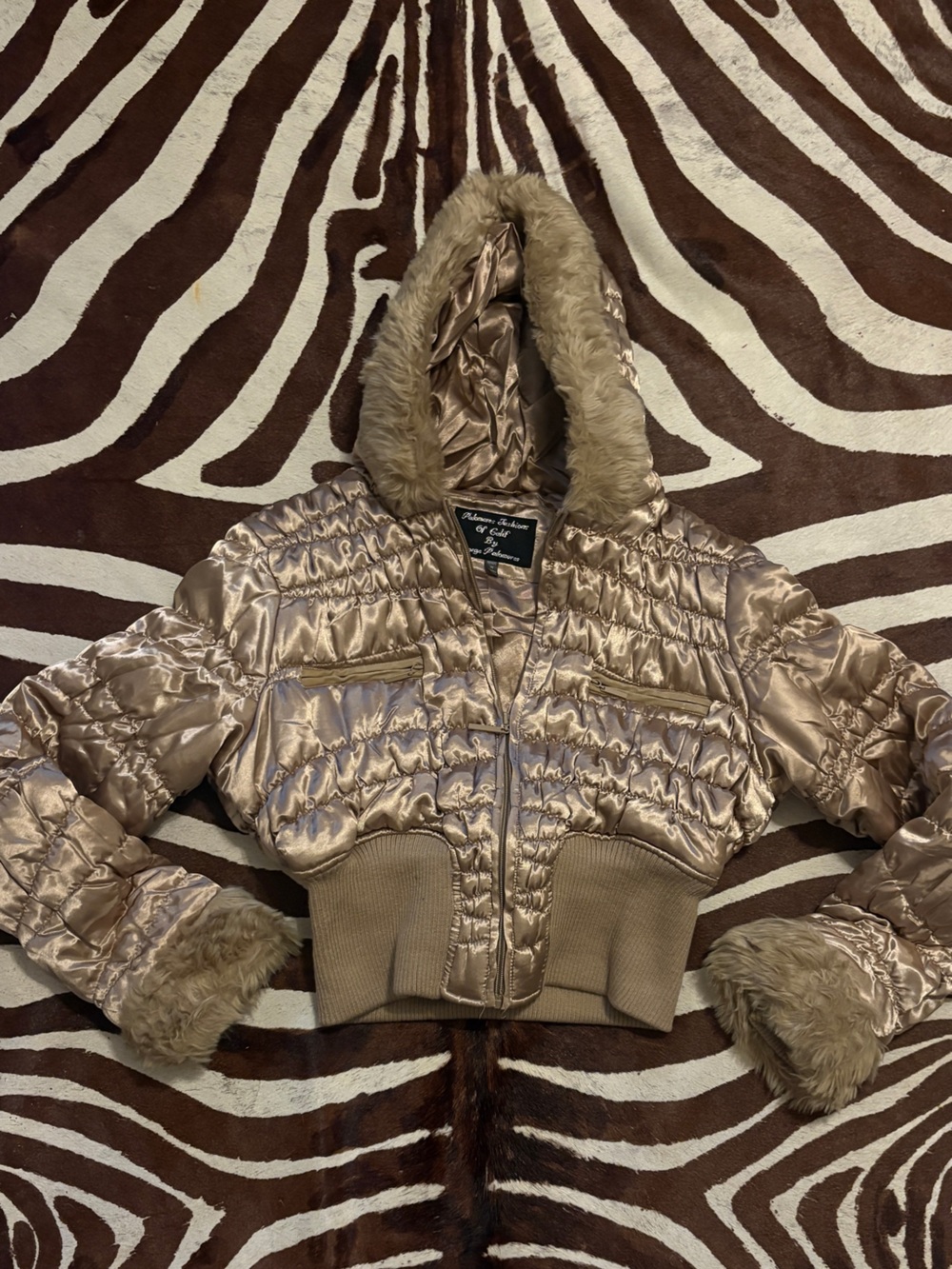 Women's Shiny Champagne Puffer Jacket with Faux Fur Trim